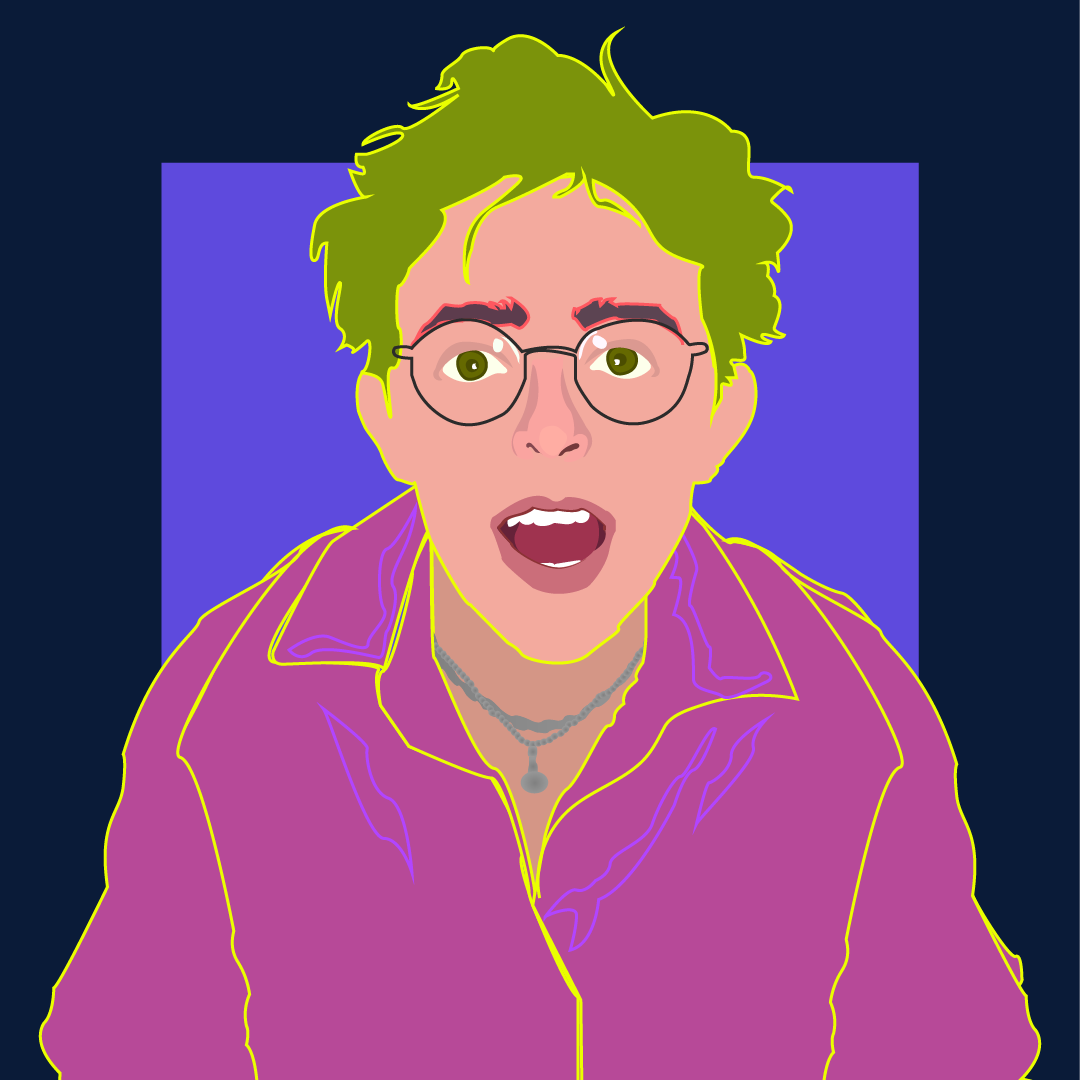 Julian Mudd illustrated with green hair
